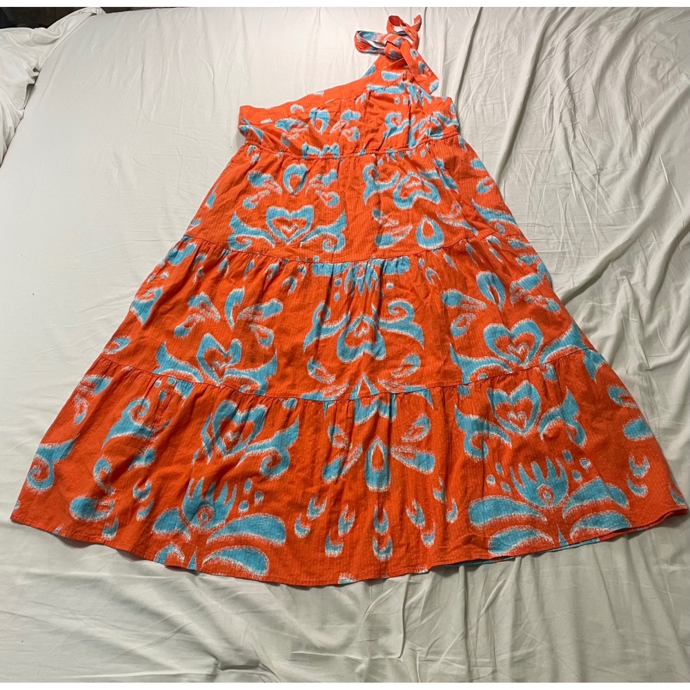 Crown & Ivy Dress Womens XXL Orange Ikat One Shoulder Tiered Maxi Cotton NEW - Picture 2 of 6